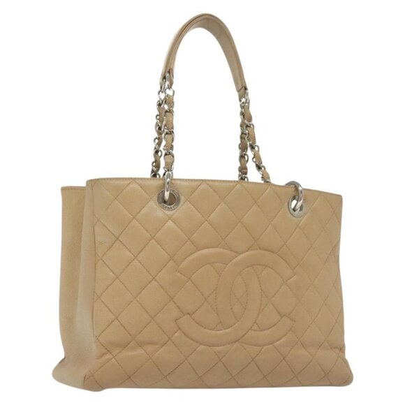 CHANEL Matelasse Chain Tote Bag Grained Calf Skin Beige Silver CC Auth bs28668 - Picture 1 of 16